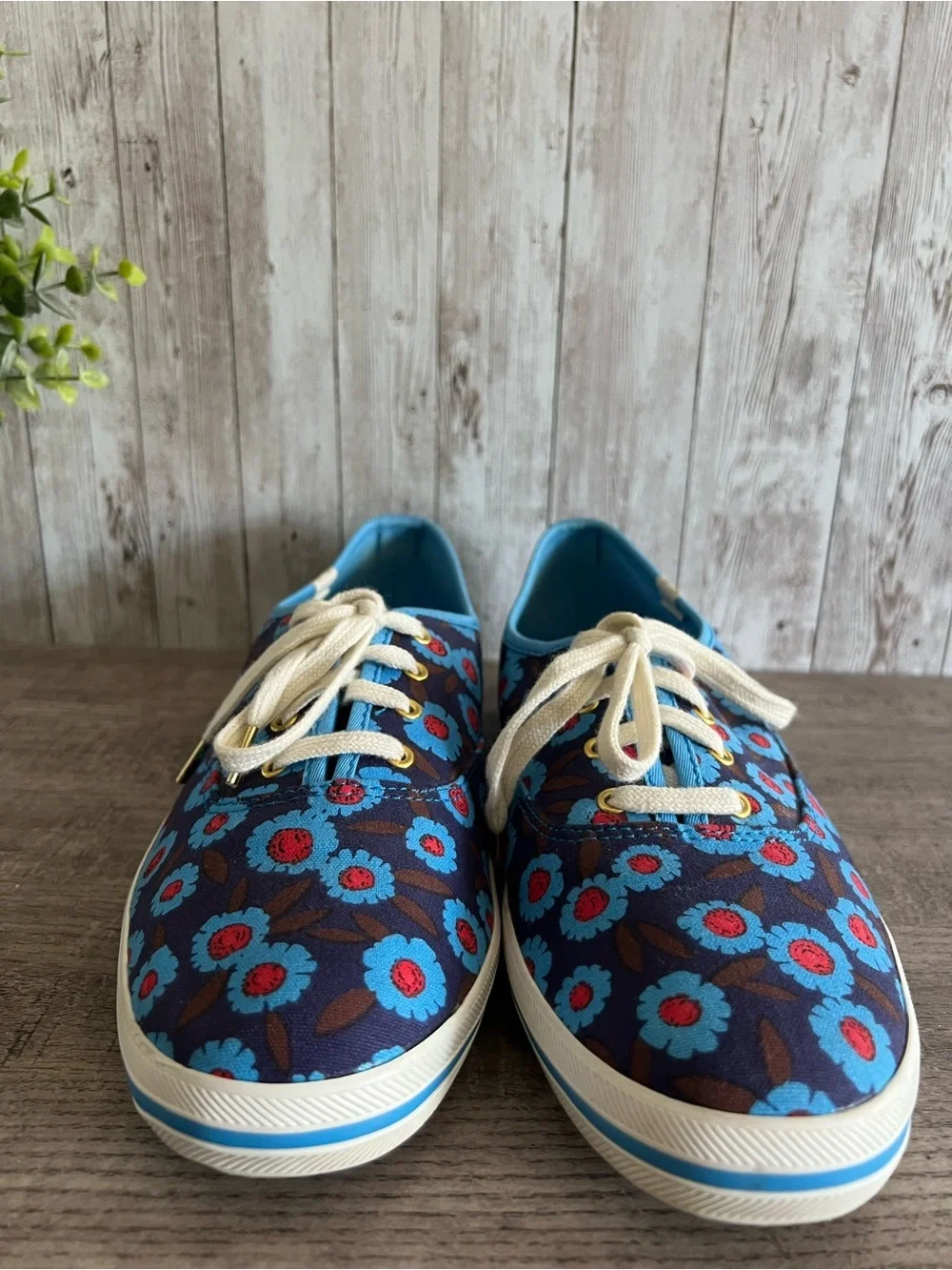 Keds Kate Spade Blue Peacock Floral Low Top Lace Up Sneakers Preppy W 10